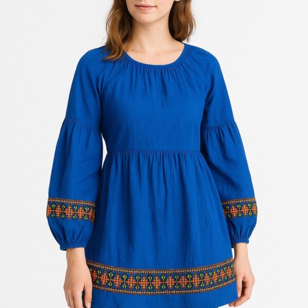 Egyptian Cotton Short Dress – Long Sleeve, Embroidered