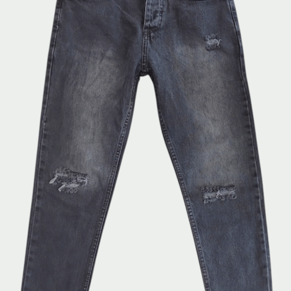 Washed Black Distressed Tapered Jeans