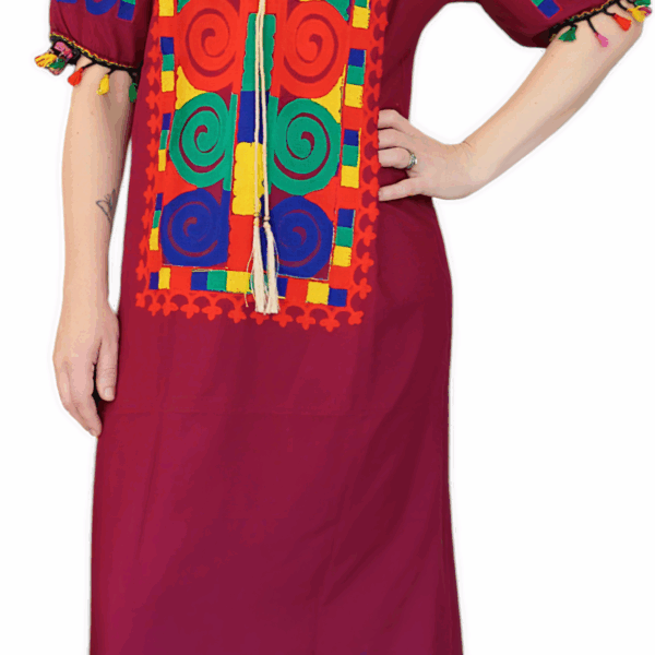 Colorful Embroidered Cotton Kaftan Dress – Boho Tassel Trim Lounge Wear