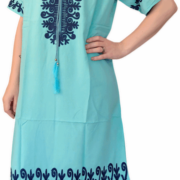 Embroidered Cotton Kaftan Dress – Short Sleeve V-Neck Modest Style